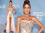 Kate Beckinsale, 51, looks incredible in a strapless peach dress and HUGE glittering silver platform heels at the amfAR Gala in Venice