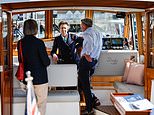 Princess Anne looks elegant in a navy blazer and bold sunglasses as she tours yachts at the Southampton Boat Show