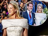 Princess Theodora of Greece is elegant in a bespoke Celia Kritharioti wedding dress as she's 'given away' by her brother Crown Prince Pavlos