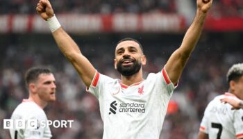 Mohamed Salah celebrates scoring for Liverpool at Old Trafford