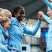 Manchester City celebrate scoring a goal last season