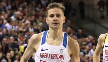 Great Britain's Robbie Fitzgibbon (left) during the Men's 1500m Final during day three of the European Indoor Athletics Championships at the Emirates Arena, Glasgow.