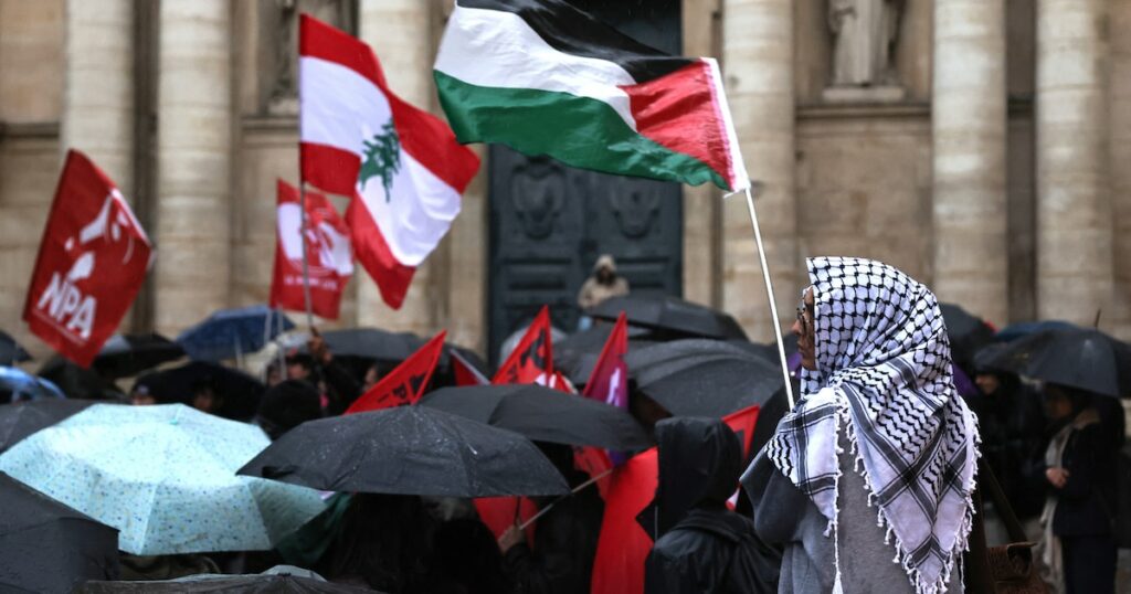 Un manifestant brandit le drapeau palestinien lors d'un rassemblement étudiant en soutien au "peuple palestinien et libanais" à l'Université de la Sorbonne à Paris le 9 octobre 2024.