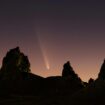 Comet Tsuchinshan-ATLAS, C/2023, with an 80,000 year orbit, passes behind geological formations, tufa spires at Trona Pinnacles, California, U.S. October 12, 2024.  REUTERS/David Swanson TPX IMAGES OF THE DAY