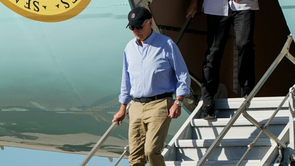 Joe Biden arrives to visit storm-damaged areas in the wake of Hurricanes Milton and Helene in Tampa, Florida. Pic: Reuters