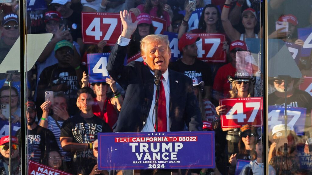 Republican presidential nominee and former US president Donald Trump at a rally in Coachella, California, on Saturday. Pic: Reuters