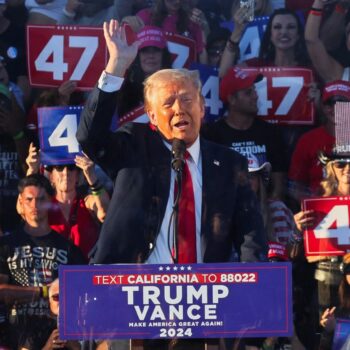 Republican presidential nominee and former US president Donald Trump at a rally in Coachella, California, on Saturday. Pic: Reuters