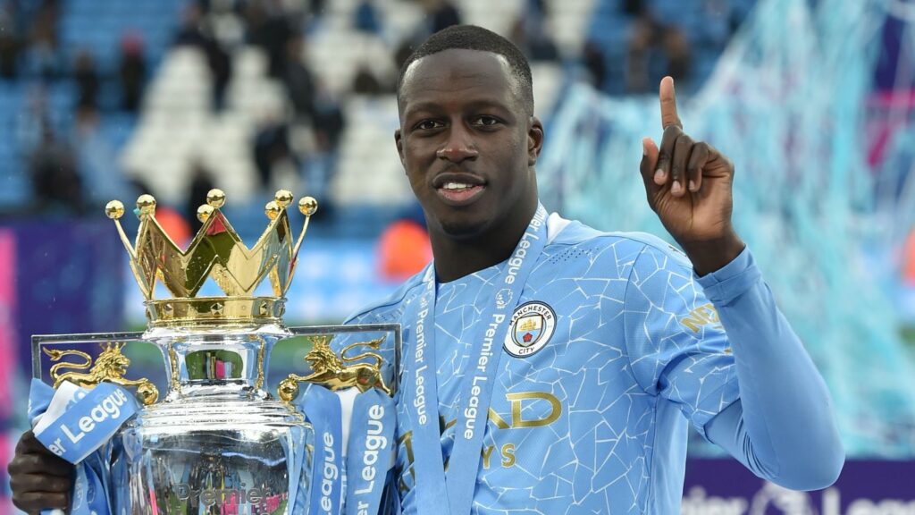 Mendy pictured after Manchester City's Premier League title win in 2021