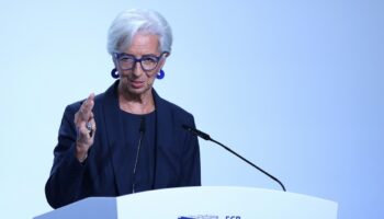 la présidente de la BCE, Christine Lagarde lors d'une conférence de presse, le 26 octobre 2023 à Athènes