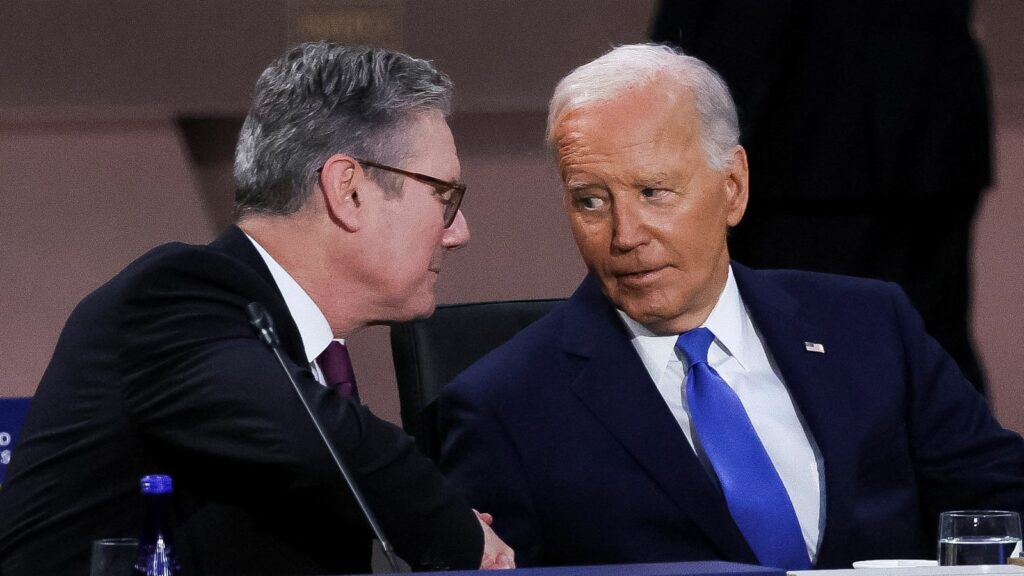 U.S. President Joe Biden looks at Britain's Prime Minister Keir Starmer at a meeting of the North Atlantic Council at the level of Heads of State and Government, Indo-Pacific and European Union during NATO's 75th anniversary summit in Washington, U.S., July 11, 2024. REUTERSLeah Millis