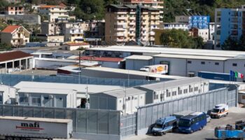 A view of a migrant processing center at the port of Shengjin, northwestern Albania Wednesday, Oct. 16, 2024, as the first group of migrants who were intercepted in international waters arrived Wednesday. (AP Photo/Vlasov Sulaj)