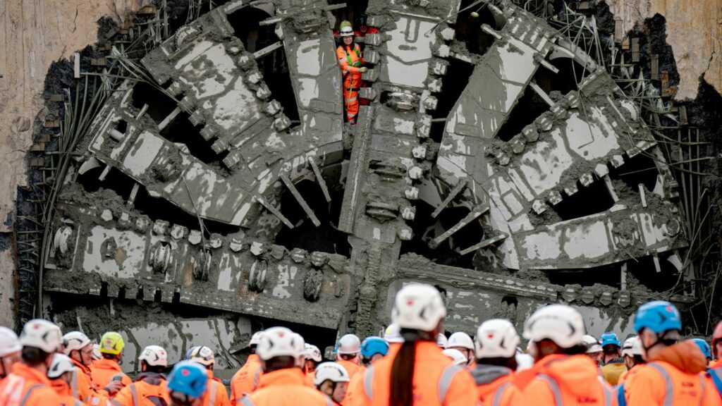 A member of the tunnel boring team looks out from digging machine Florence after it completed HS2's longest tunnel, a 10-mile journey under the Chiltern Hills, in North Portal, near South Heath, Buckinghamshire. Picture date: Tuesday February 27, 2024. PA Photo. See PA story RAIL HS2. Photo credit should read: Aaron Chown/PA Wire