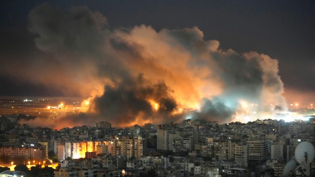 Flames and smoke rise form Israeli airstrikes on Dahiyeh, in the southern suburb of Beirut, Lebanon, Sunday, Oct. 20, 2024. (AP Photo/Hussein Malla)