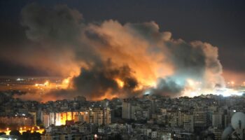 Flames and smoke rise form Israeli airstrikes on Dahiyeh, in the southern suburb of Beirut, Lebanon, Sunday, Oct. 20, 2024. (AP Photo/Hussein Malla)