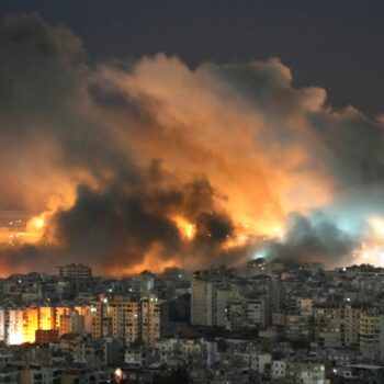 Flames and smoke rise form Israeli airstrikes on Dahiyeh, in the southern suburb of Beirut, Lebanon, Sunday, Oct. 20, 2024. (AP Photo/Hussein Malla)