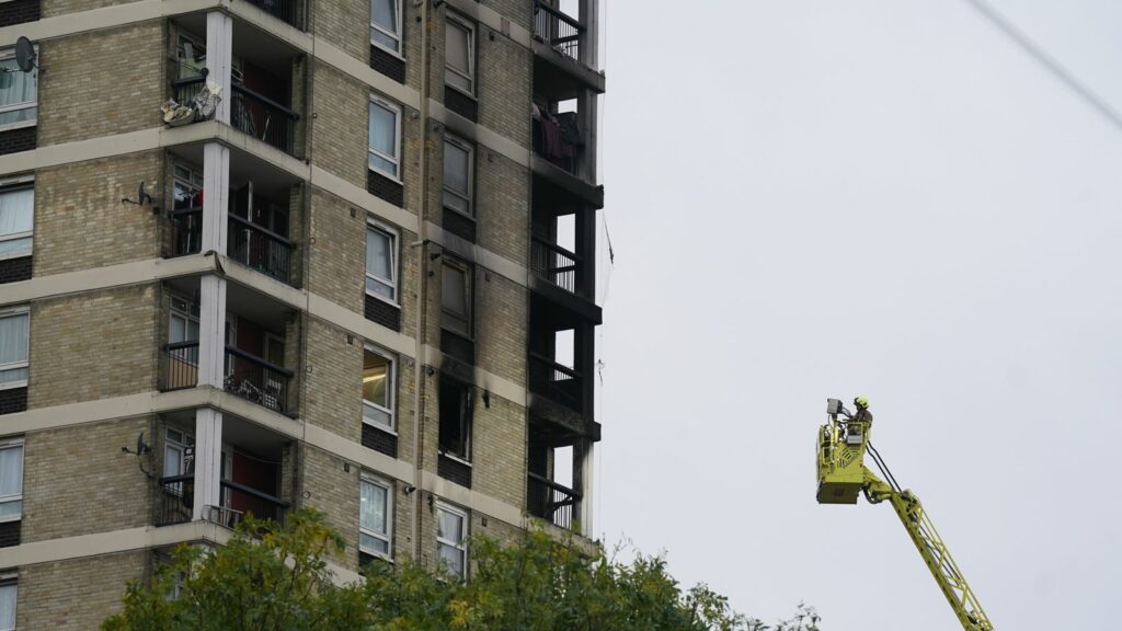 Emergency services at the scene of a fire at a residential block on Queens Road West, Plaistow, London. Picture date: Monday October 21, 2024.