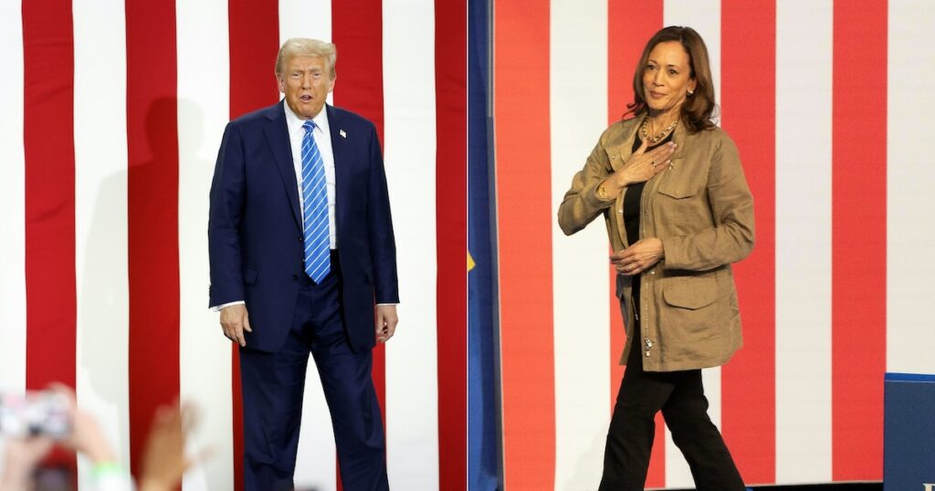 Diptyque photographique avec Donald Trump le 1er octobre dans le Wisconsin, et Kamala Harris le 27 septembre dans l'Arizona