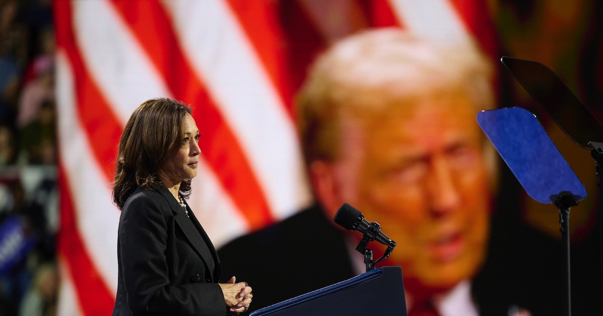 La vice-présidente américaine et candidate démocrate Kamala Harris, devant une vidéo montrant son adversaire Donald Trump, lors d'un meeting à Erié en Pennsylvanie, le 14 octobre 2024