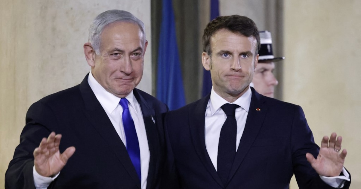 Le Premier ministre israélien Benyamin Netanyahou et Emmanuel Macron au Palais de l'Elysée le 2 février 2023.