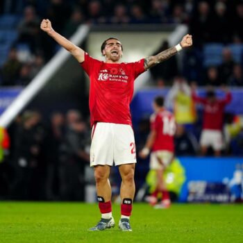 Nottingham Forest's Jota Silva celebrates at the final whistle after the Premier League match at the King Power Stadium, Leicester. Picture date: Friday October 25, 2024.