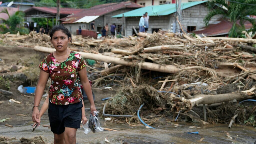 A resident passes by toppled trees after a landslide was triggered by Tropical Storm Trami. Pic: AP Photo/Aaron Favila