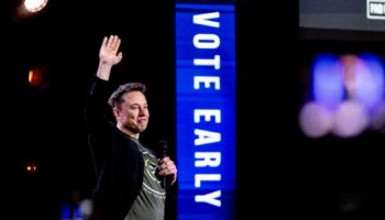 Elon Musk gestures as he speaks at Life Center Church in Harrisburg, Pa., Saturday, Oct. 19, 2024. (Sean Simmers/The Patriot-News via AP)