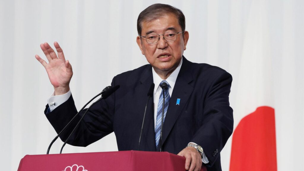 Japanese Prime Minister and the Liberal Democratic Party (LDP) leader, Shigeru Ishiba, attends a press conference speaks regarding the house of representatives election at the LDP headquarters in Tokyo on October 28, 2024. The Liberal Democratic Party failed to win a majority of seats as a ruling coalition in yesterday's Lower House election.( The Yomiuri Shimbun via AP Images )