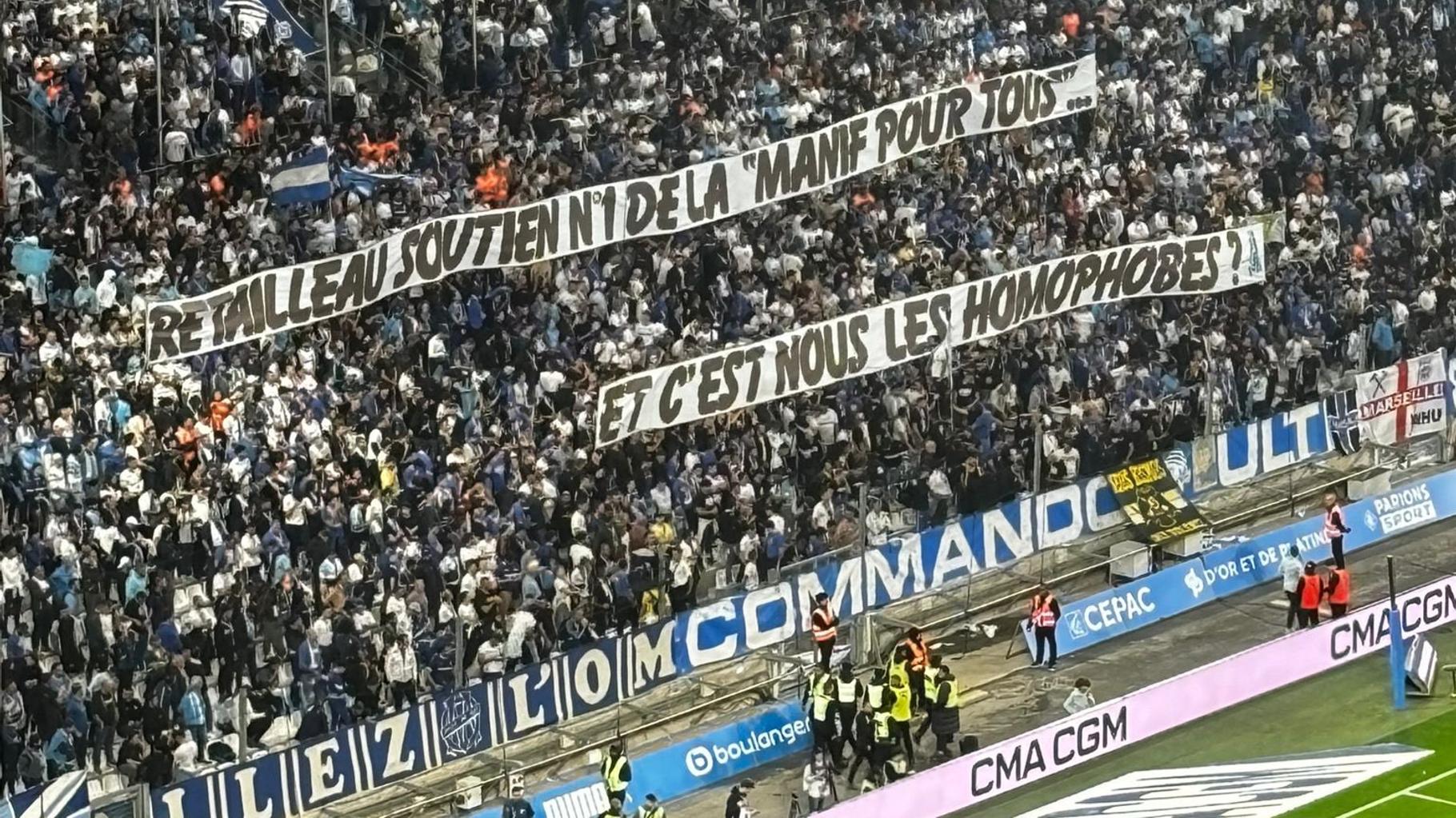 OM-PSG : Sur les chants homophobes, un message pour Bruno Retailleau déployé dans les tribunes