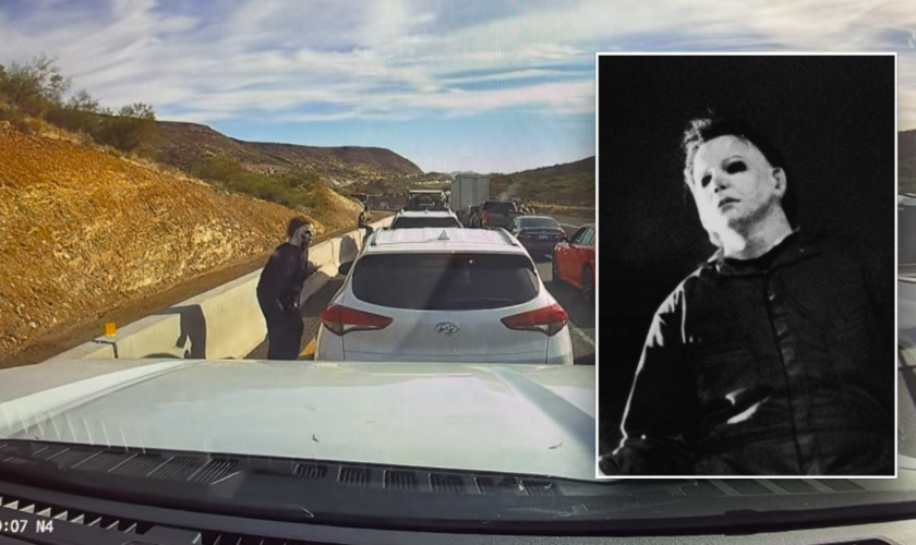 Man dressed up as iconic Halloween villain scares drivers in standstill traffic: video