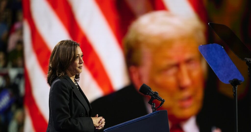 La vice-présidente américaine et candidate démocrate Kamala Harris, devant une vidéo montrant son adversaire Donald Trump, lors d'un meeting à Erié en Pennsylvanie, le 14 octobre 2024