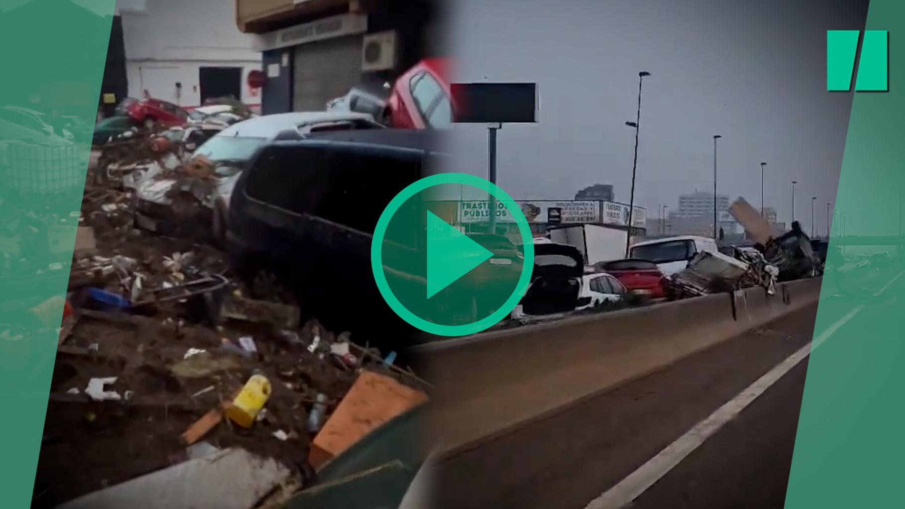 En Espagne, la violence des inondations illustrée par ces piles de voitures entassées dans les rues