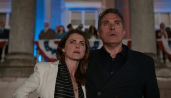 (R-L) Keri Russell and Rufus Sewell in The Diplomat. Pic: Netflix