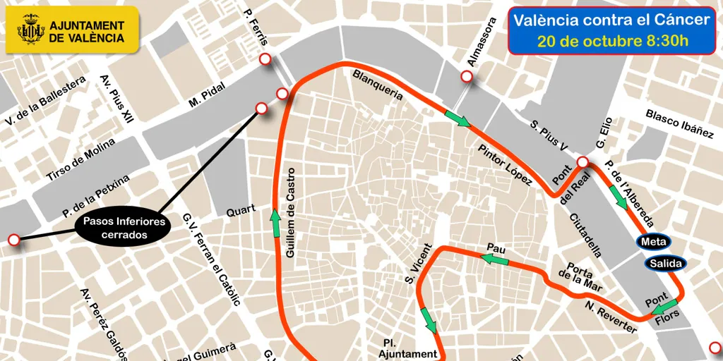 Calles cortadas y líneas de la EMT desviadas en Valencia el domingo 20 de octubre por la carrera contra el cáncer