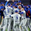 Los Angeles Dodgers players celebrate after winning the World Series