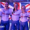 Katie Archibald, Megan Barker, Josie Knight, Anna Morris, Jessica Roberts hold up a Great British flag