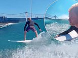 Moment Prince Harry launches into the waves to show off impressive surfing skills at California surf ranch four years after Meghan bought him lessons