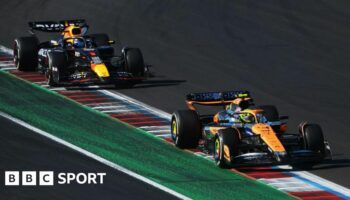 Lando Norris with Max Verstappen right behind him in the US Grand Prix