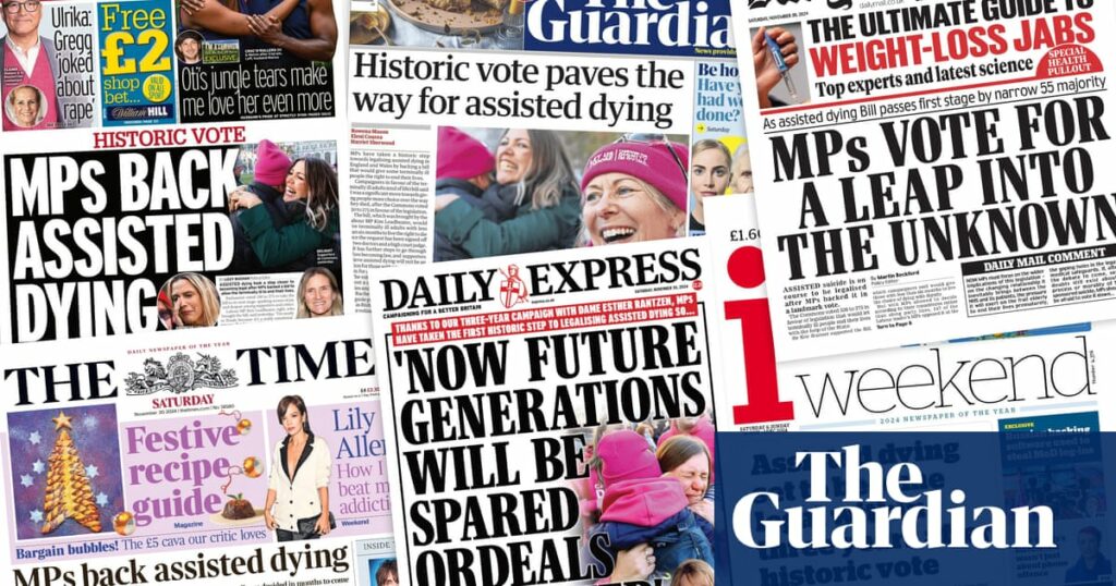 ‘Historic step’: what the UK papers say after landmark vote on assisted dying