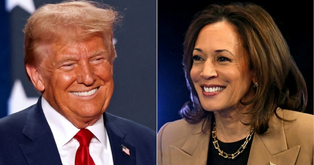 Donald Trump à Fayetteville (Caroline du Nord) le 4 octobre 2024, et Kamala Harris à Las Vegas (Nevada), le 10 octobre 2024