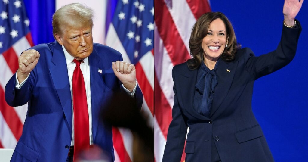 L'ancien président Donald Trump (à gauche) à La Crosse dans le Wisconsin, le 29 août 2024, et la vice-présidente Kamala Harris à la convention démocrate de Chicago, dans l'Illinois, le 22 août 2024