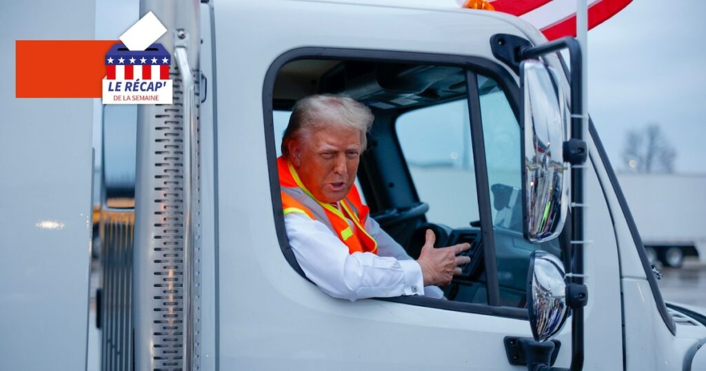 Donald Trump dans la cabine d'un camion-benne à ordures, le 30 octobre 2024 à Green Bay, dans le Wisconsin