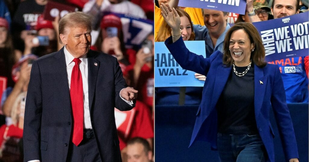 Montage photo de la vice-présidente américaine et candidate démocrate à la présidentielle, Kamala Harris, et de l'ancien président américain et candidat républicain Donald Trump