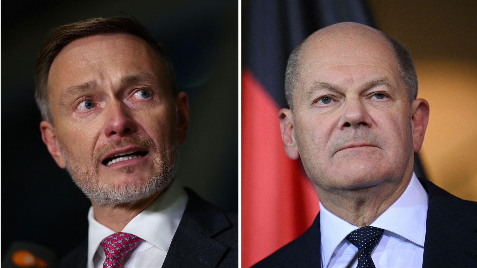 Outgoing German Finance Minister Christian Lindner (left) of the Free Democratic party (FDP) gives a statement at the Bundestag, Germany's lower house of parliament, after he was sacked by German Chancellor Olaf Scholz (right). November 6, 2024. Pic: REUTERS/Lisi Niesner TPX IMAGES OF THE DAY