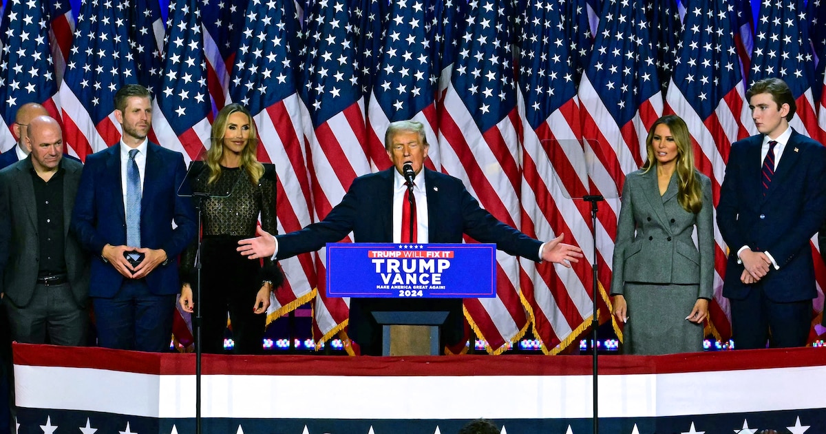 Former US President and Republican presidential candidate Donald Trump speaks during an election night event at the West Palm Beach Convention Center in West Palm Beach, Florida, on November 6, 2024. Republican former president Donald Trump closed in on a new term in the White House early November 6, 2024, just needing a handful of electoral votes to defeat Democratic Vice President Kamala Harris. (Photo by Jim WATSON / AFP)