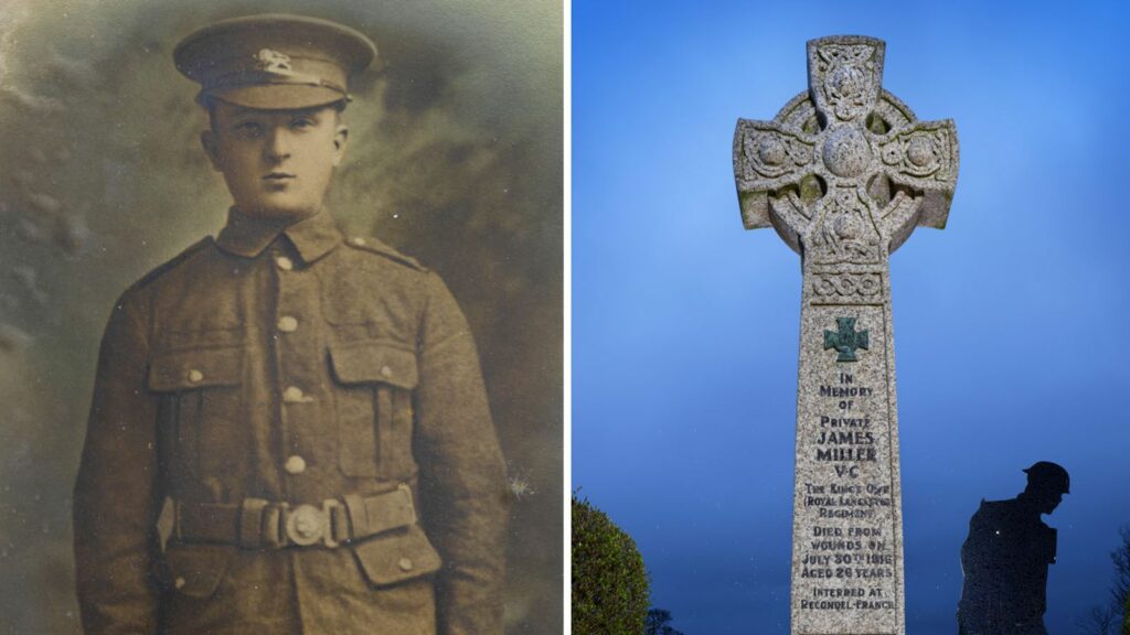 compile of Private James Miller and memorial in his honour. Pic: Historic England/PA