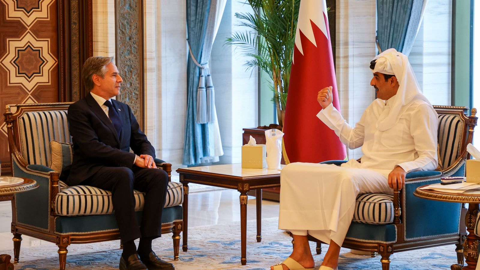 US Secretary of State Antony Blinken meets with Qatari Emir Sheikh Tamim bin Hamad al-Thani at Lusail Palace in Doha, Qatar, Wednesday, June 12, 2024. (Ibraheem Al Omari/Pool Photo via AP)