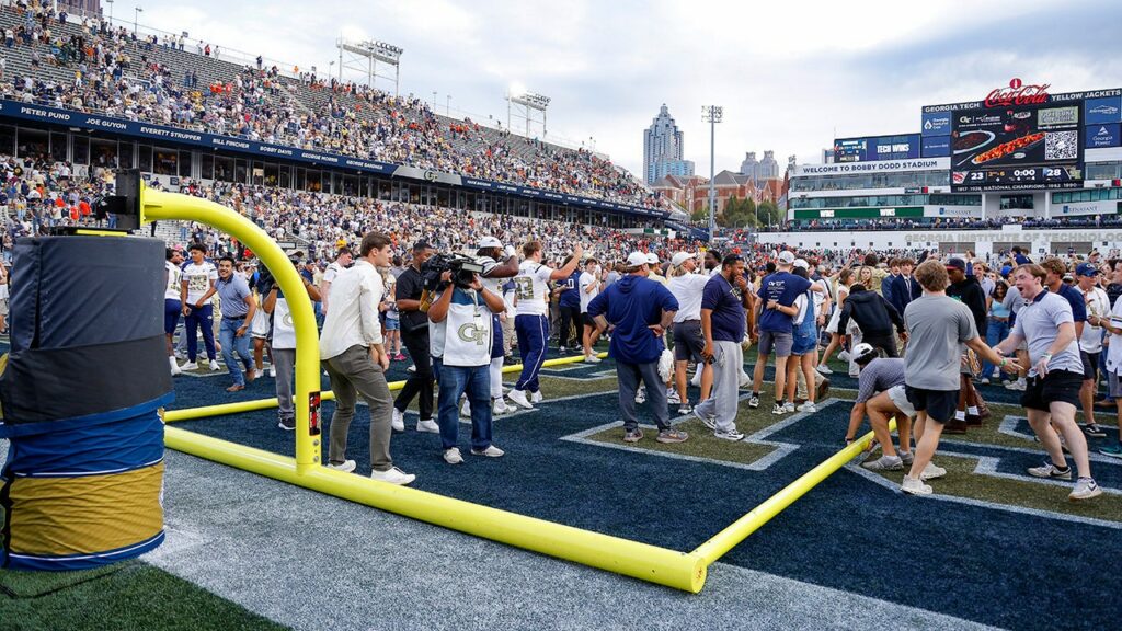 Fans topple goal posts as Georgia Tech upsets fourth-ranked Miami in ACC thriller