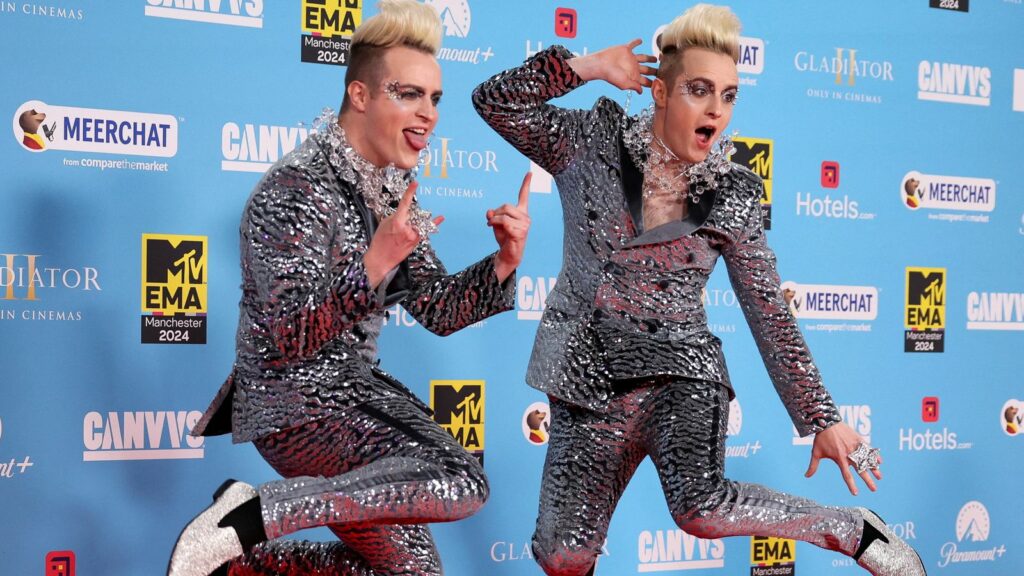 John and Edward Grimes of Jedward pose on the red carpet for the 2024 MTV Europe Music Awards at Manchester Co-op Live in Manchester, Britain, November 10, 2024. REUTERS/Mina Kim TPX IMAGES OF THE DAY