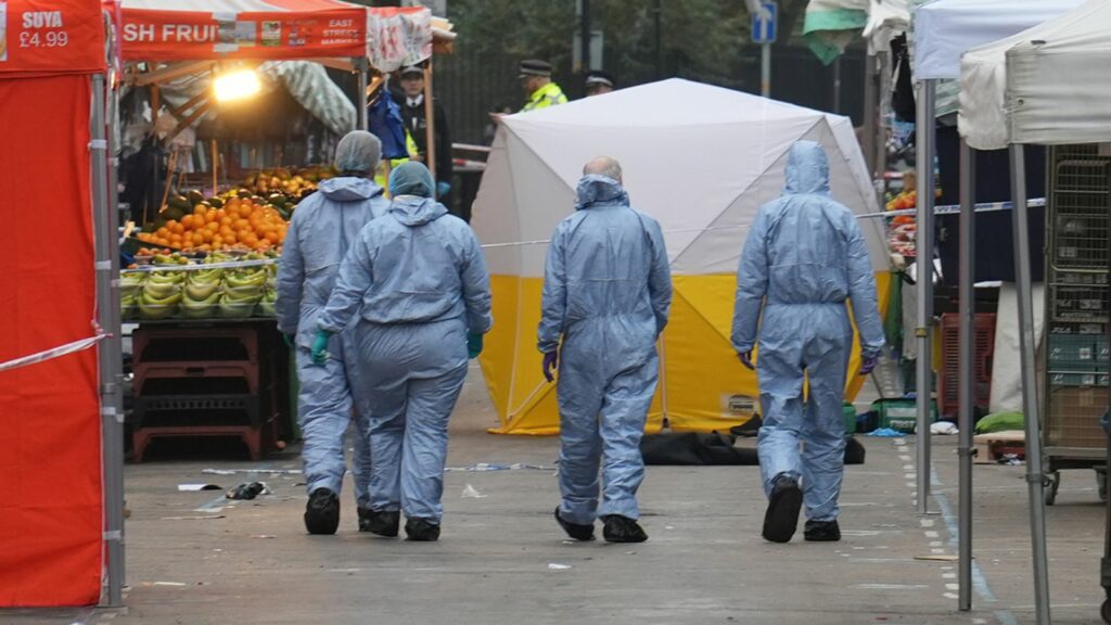 Police at the scene in East Street, Walworth, south London, following a fatal stabbing. Officers were called at around 10.40am on Sunday with reports of a number of people stabbed. Three people were found with injuries, and one man died at the scene. A man in his 60s has been arrested. Picture date: Sunday November 10, 2024. PA Photo. See PA story POLICE Walworth. Photo credit should read: James Weech/PA Wire