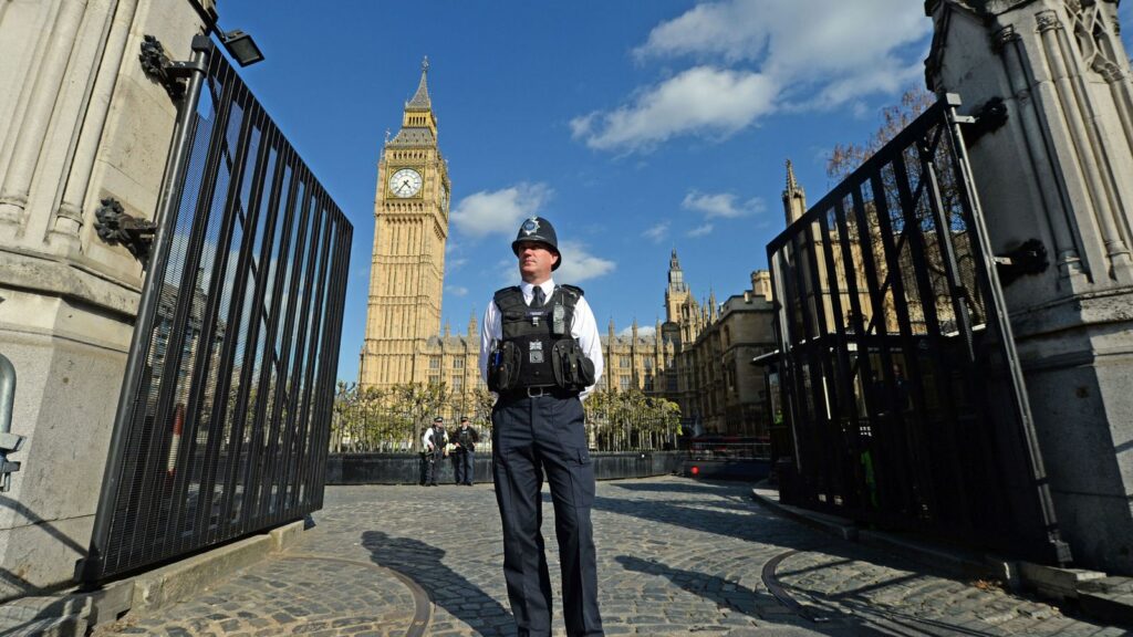 A police officer stands at the Carriage Gates entrance to parliament. File pic: PA